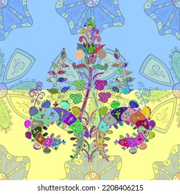 Multicolopleasant elegant little flowers and funny bugs on a pleasant colors, vector texture, illustration. Ukranian.