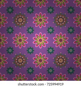 Multicolopurple, magenta and green elegant little flowers and funny bugs on a purple, magenta and green colors, vector texture, illustration.