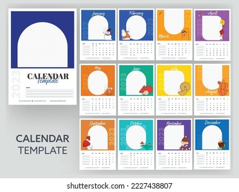 Multicolor 2023 Yearly Calendar Template Design Set With Space For Text Or Image Against Gray Background.