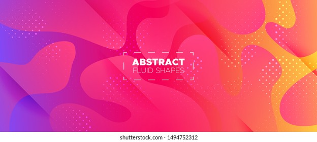 Multicolor 3d Fluid Shapes. Gradient Background. Minimal Concept. Neon Flow Brochure. 3d Fluid Banner. Colorful Futuristic Gradient. Pink Minimal Pattern. Light Wave Brochure. Abstract Shapes.