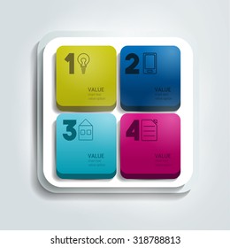 Multicolor 3D infographics square options banner divided 4 cube parts. Four steps workflow design vector.