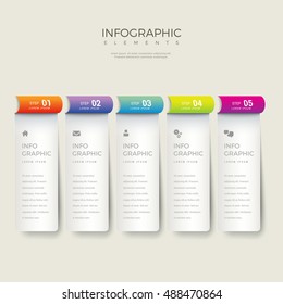 Multicolor 5 vertical bookmark process steps labels vector template. Infographics background concept.