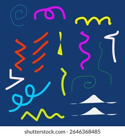 Fundo abstrato multicolor no estilo retro 80s, 90s com várias formas: círculos, semicírculos, pontos, ziguezags, espirais, linhas onduladas. Design bonito de rabiscar criança.