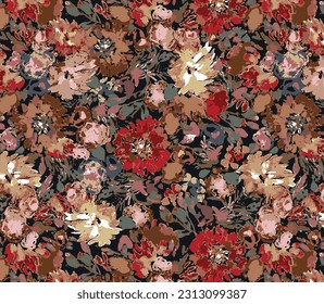multicolor abstract blooming many kind of vector flower with medium color tone, all over vector design with dark background illustration digital image for textile printing fabric