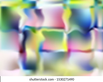 Multicolor abstract blurred background. Bright rainbow random stains, squares and stripes on a white base. Mosaic, stained glass window. Pink, blue, yellow, green flowing details. Vector illustration