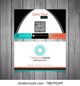 Multicolor Abstract Business Card on Wooden Background with QR Code and Abstract Mandala Logo