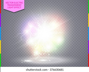 Multicolor abstract energy shock explosion special light effect with spark. Vector glow rainbow power lightning cluster. Electric discharge on transparent background. High voltage nuclear core