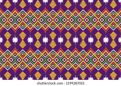 Multicolor abstract pattern seamless ethnic motif row geometric purple background. Vector illustration design for textiles, curtain, carpet, wallpaper, wrapping paper, clothing, fabric.