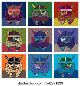 Multicolor abstract portrait of a Viking.
A man with a big beard braided in pigtails in a protective helmet with horns.