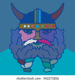 Multicolor abstract portrait of a Viking.
A man with a big beard braided in pigtails in a protective helmet with horns.