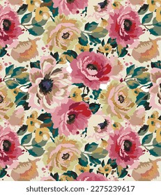 multicolor abstract roses flower pattern arrangement with green leaves, all over vector design with solid bright background illustration digital image for textile printing factory
