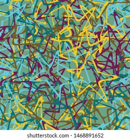 Multi-color abstract seamless background of paint strokes. Vector pattern of curved lines and chaotic patterns. Grunge texture, handmade