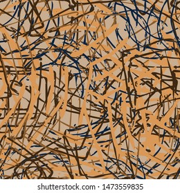 Multi-color abstract seamless background of paint strokes. Vector pattern of curved lines and chaotic patterns. Grunge texture, handmade