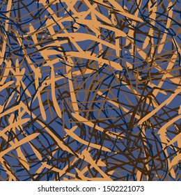 Multi-color abstract seamless background of paint strokes. Vector pattern of curved lines and chaotic patterns. Grunge texture, handmade