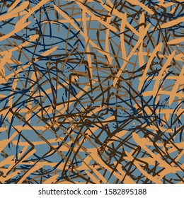 Multi-color abstract seamless background of paint strokes. Vector pattern of curved lines and chaotic patterns. Grunge texture, handmade