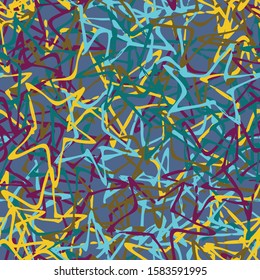 Multi-color abstract seamless background of paint strokes. Vector pattern of curved lines and chaotic patterns. Grunge texture, handmade