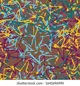 Multi-color abstract seamless background of paint strokes. Vector pattern of curved lines and chaotic patterns. Grunge texture, handmade