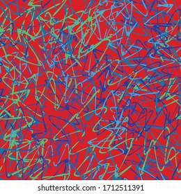 Multi-color abstract seamless background of paint strokes. Vector pattern of curved lines and chaotic patterns. Grunge texture, handmade