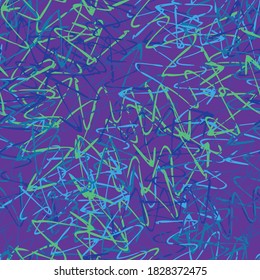 Abstrakter mehrfarbiger, nahtloser Hintergrund von Farbstrichen. Vektormuster von gekrümmten Linien und chaotischen Mustern. Grunge-Textur, handgefertigt