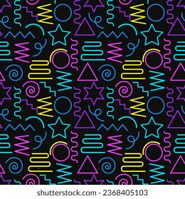 Multicolor abstract seamless pattern, vibrant shapes and geometric dot patterns. Trendy design 80s-90s Memphis style, ethnic hipster background. Vector