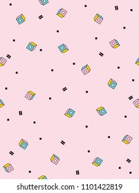Multicolor Abstract Seamless Vector Pattern. Colorful and Black Jumble Elements on a Pastel Pink Background. Simple Memphis Style Vector Design. Abstract Geometric Print with Squares, Cubes and Lines.