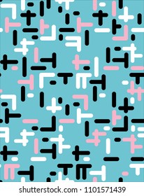 Multicolor Abstract Seamless Vector Pattern. Colorful Jumble Elements on a Blue Background. Pastel Colors Design. Retro Memphis Style Design. Funny Abstract Geometric Art. Repeatable Memphis Pattern.