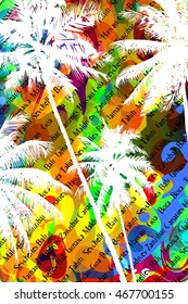 Multicolor abstract tropical background with the names of tropical resorts and white silhouettes of palm trees