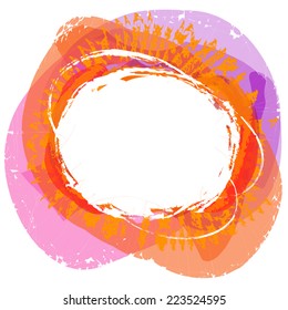 Multicolor abstract vector background, aged, textured. Artistic brush strokes and paint splashes with round place for text.  As frame, design element, for cosmetology product, beauty concept.