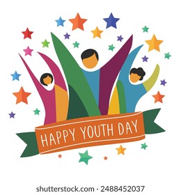 Jóvenes felices abstractos multicolores con la cinta y las estrellas de fondo. Concepto para las celebraciones del día internacional de la juventud. Tarjeta de felicitación, Anuncio, flyer, diseño de póster