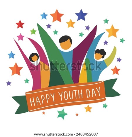 Multicolor abstract young happy people with ribbon and stars background. Concept for international youth day celebrations. Greeting card, banner, flyer, poster design