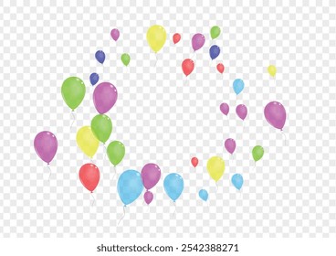 Multicolor Air Background Transparent Vector. Baloon Party Template. Bright Jubilee. Green Ballon. Confetti Event Frame.