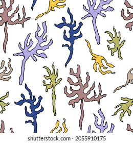 Multicolor algae and corals on a white background, seamless abstract pattern for fabric and paper for decoration.