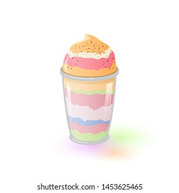 Multicolor appetizing parfait in glass. Fruit and berry dessert. Frozen yogurt. Banana, pistachio, strawberry sweet dish, gelato, sundae. Vector cartoon icon isolated on white background.