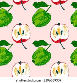 Multicolor apple background. Vector apples seamless pattern with fruit hand drawn pencil illustration for vegan banner, juice, baby food packaging, jam label design. Color fruits backdrop. Cider badge