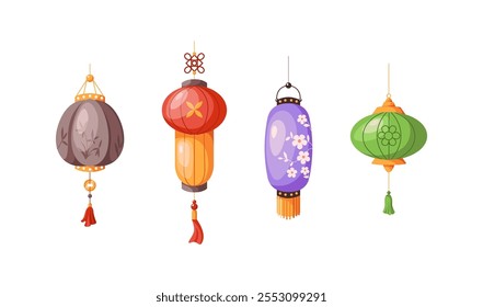 Multicolor Asian lanterns with tinsels flat color vector objects set. Traditional oriental lamps for festive mood illustrations bundle on white