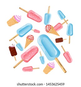 Multicolor background with summer desserts. Vector cartoon pattern with stick ice cream bar, wafer cones, gelato cornets, ice-blocks isolated on white for poster, banner, flyer, advertising.
