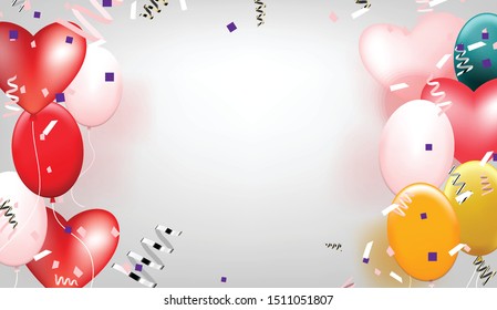 Multicolor balloons with confetti on gray background
