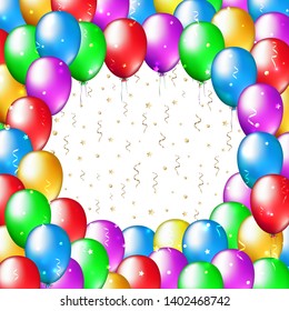 Multicolor balloons frame on white background with place for text. Balloon decoration for celebration and party. Happy holiday background with colorful balloons. Vector greeting card