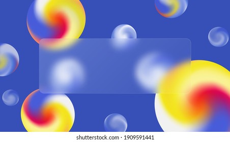 Multicolor balloons on a blue background and a transparent plate for text in glass morphism style.