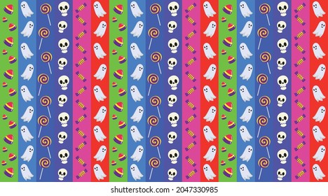 Multicolor band with halloween themed pattern designs. Vector illustration of ghost, skull, candies and other scary decorative elements.