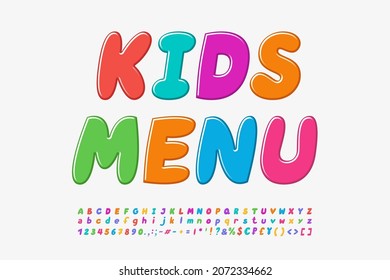 Banner Multicolor menú Niños sobre fondo blanco. Conjunto de tipos de letra de burbujas coloridas