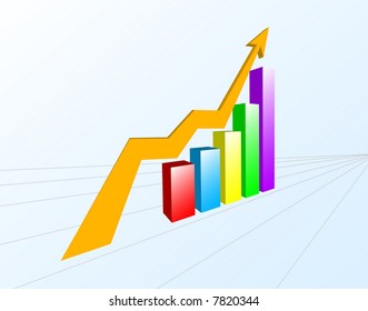 A multi-color bar chart with yellow arrow sign.