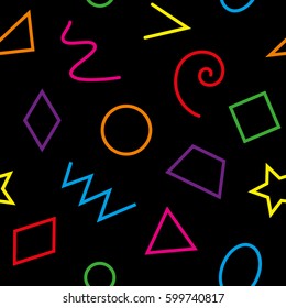 Multicolor basic geometrical shapes seamless pattern. Colorful tileable vector background for kids.