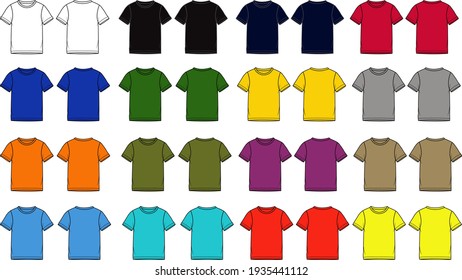 Multicolor Basic Tee shirt fashion flat technical drawing template. Blank flat Short sleeve t-Shirt design for kids vector illustration Front and Back View.