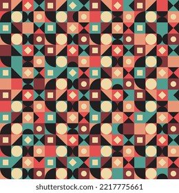 Multicolor Bauhaus geometric pattern. Abstract print design with geometric elements. Vintage composition artwork mosaic for banner, poster, magazine cover or website background