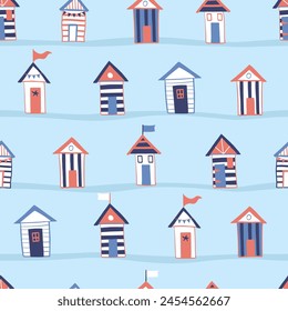 Multicolor beach huts vector pattern. Exotic colorful nature hawaii art background. Summer vacation. Seamless pattern. 