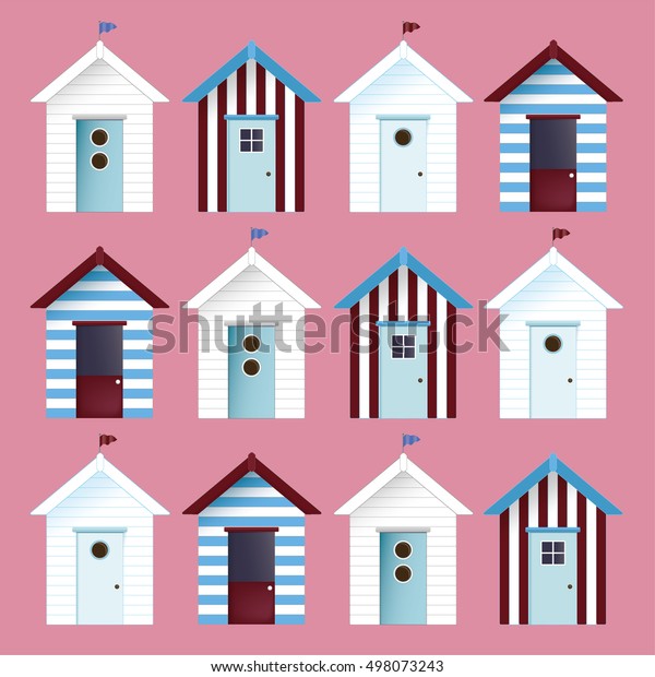 Multicolor beach huts vector pattern. Retro line\
art icon with colorful multicolor beach huts. Exotic colorful\
nature hawaii art background. Summer vacation. Seamless pattern.\
Summer graphic.