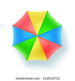 Multicolor beach umbrella, top view. Icon of open parasol isolated on white background. Vector concept illustration, object of summer holidays on sunny beach, flat lay.