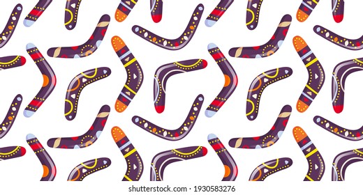 Bonito conjunto multicolor de patrones de boomerang. Armas de caza. Arrojando armas. Ilustración vectorial en un fondo blanco.
