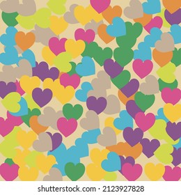 Mehrfarbige Beige Einfache romantische Hochzeitskunst. Regenbogen Blau Rosa Grüne Gelbe St. Valentinische Kunstillustration. Beige helle blaue moderne Kunstmuster. Hellfarbige Herzen Liebe Confetti Vektorgrafik Print.